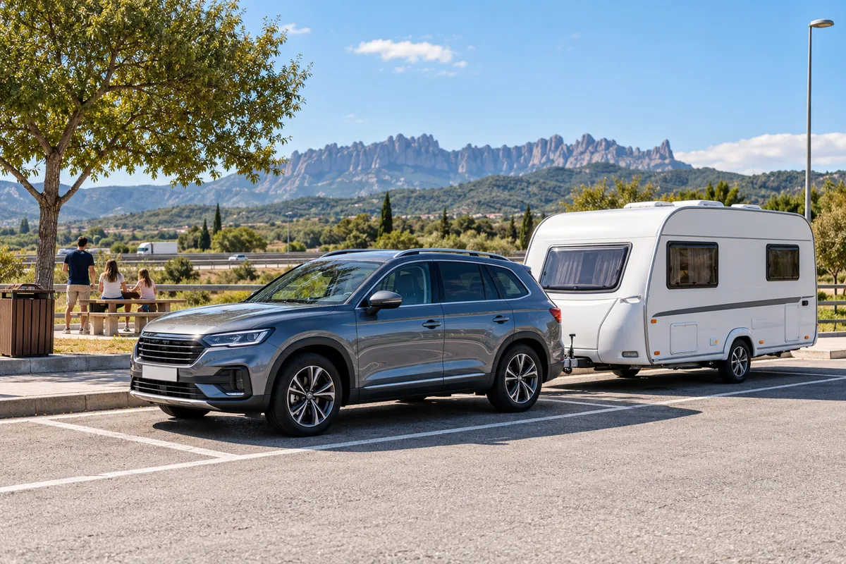 Coche con una caravana estacionado de forma segura en un área de descanso
