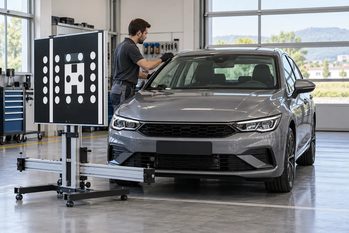 Técnico junto a un coche y un panel de calibración en un taller de lunas
