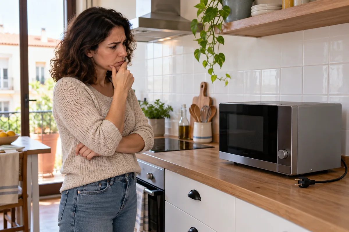 Propietaria comprobando un electrodoméstico apagado en una cocina