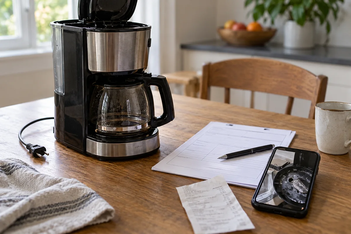 Cafetera desenchufada junto a documentos para una revisión técnica