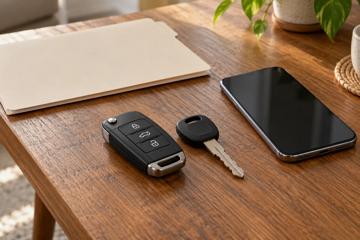 Llave de coche y duplicado preparados sobre una mesa con una carpeta