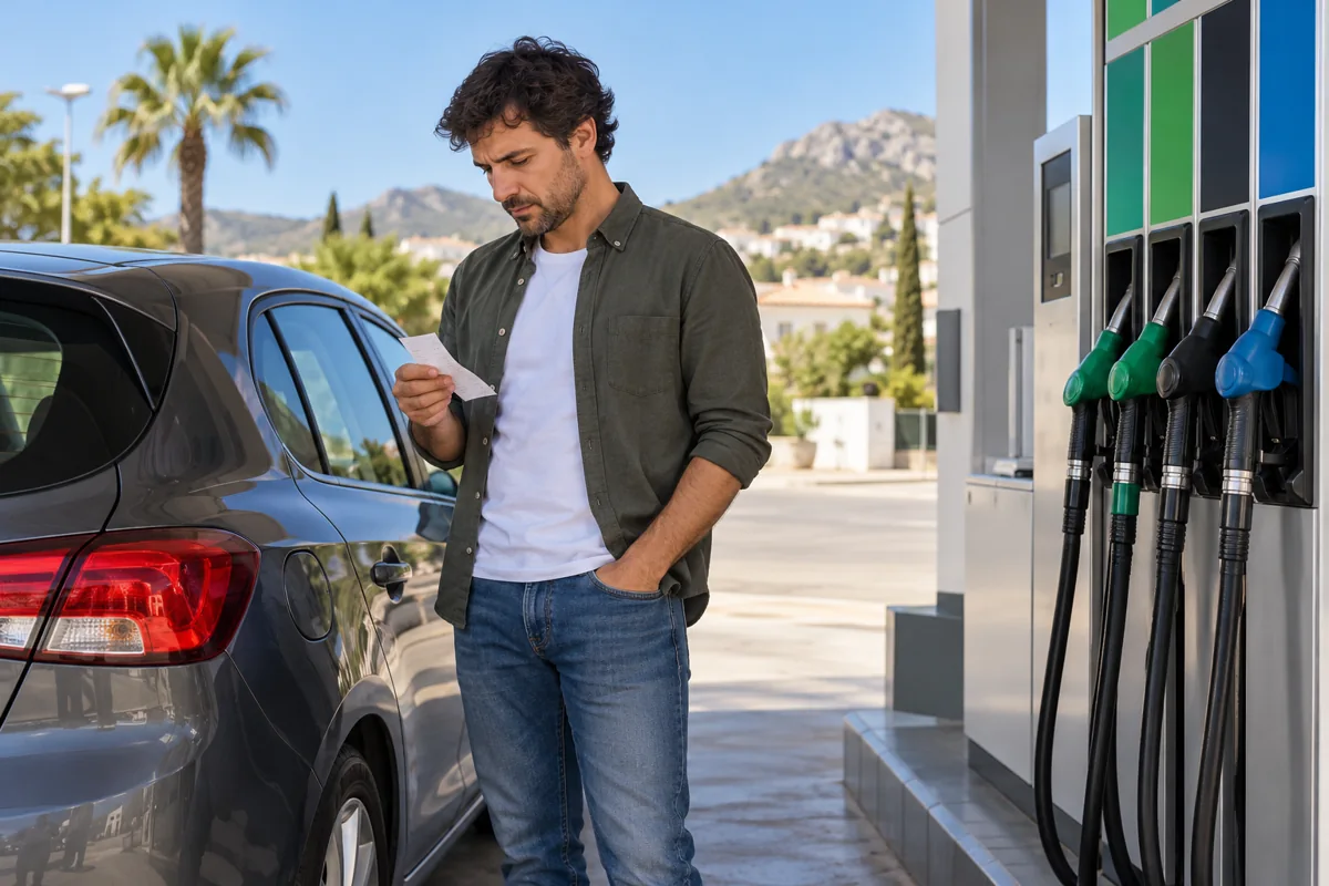 Conductor revisando un recibo junto a su coche estacionado en una gasolinera
