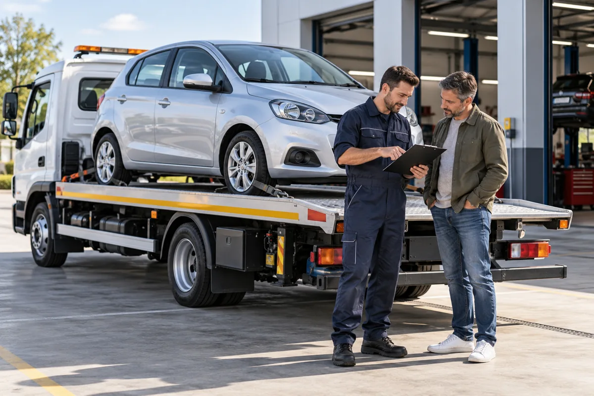 Coche sobre una plataforma de asistencia junto a un taller