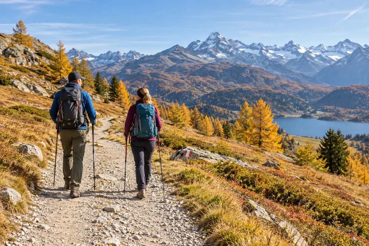 Dos senderistas en una ruta amplia de montaña durante el otoño