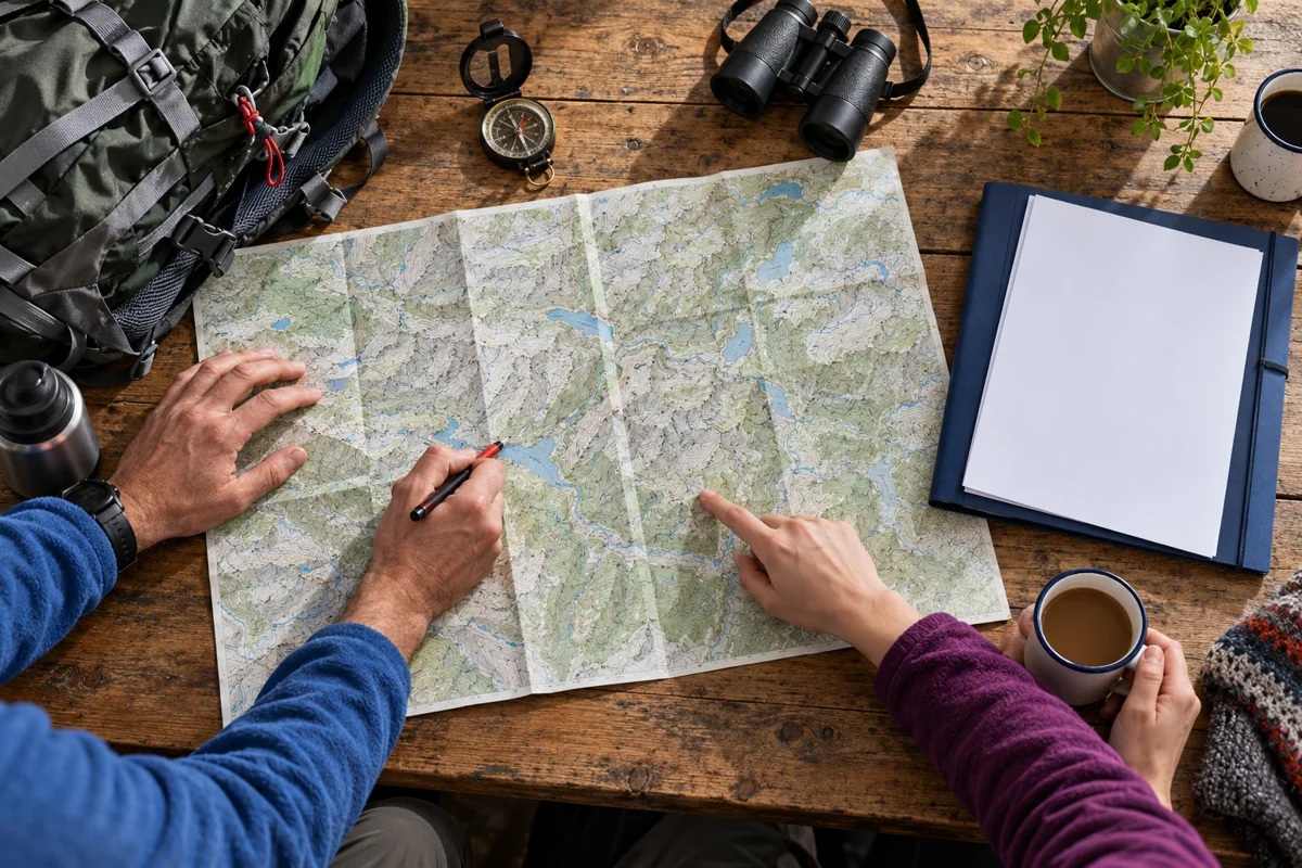 Preparación de una ruta con mapa, brújula y documentos de viaje