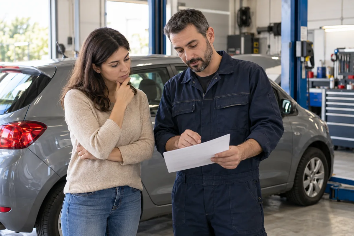 Propietario y mecánico revisando un presupuesto junto a un coche en un taller