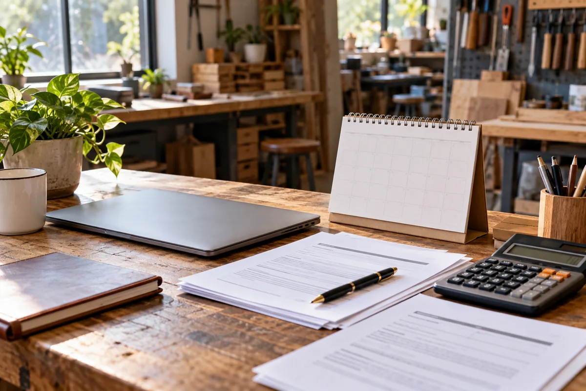 Documentos, calendario y calculadora en la mesa de un pequeño taller