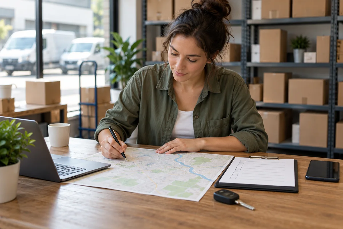 Preparación de rutas de reparto con mapa, lista y llaves en una oficina