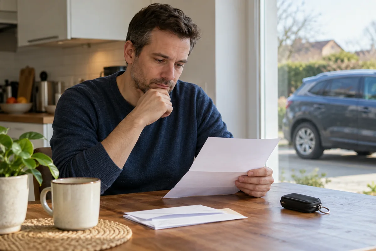 Persona revisando una notificación en casa con las llaves del coche guardadas