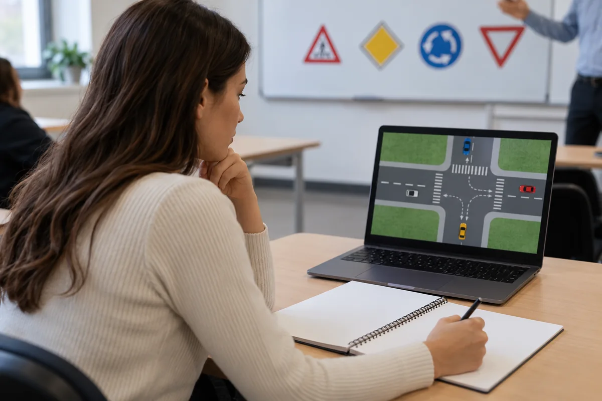 Alumno revisando material en una clase de seguridad vial