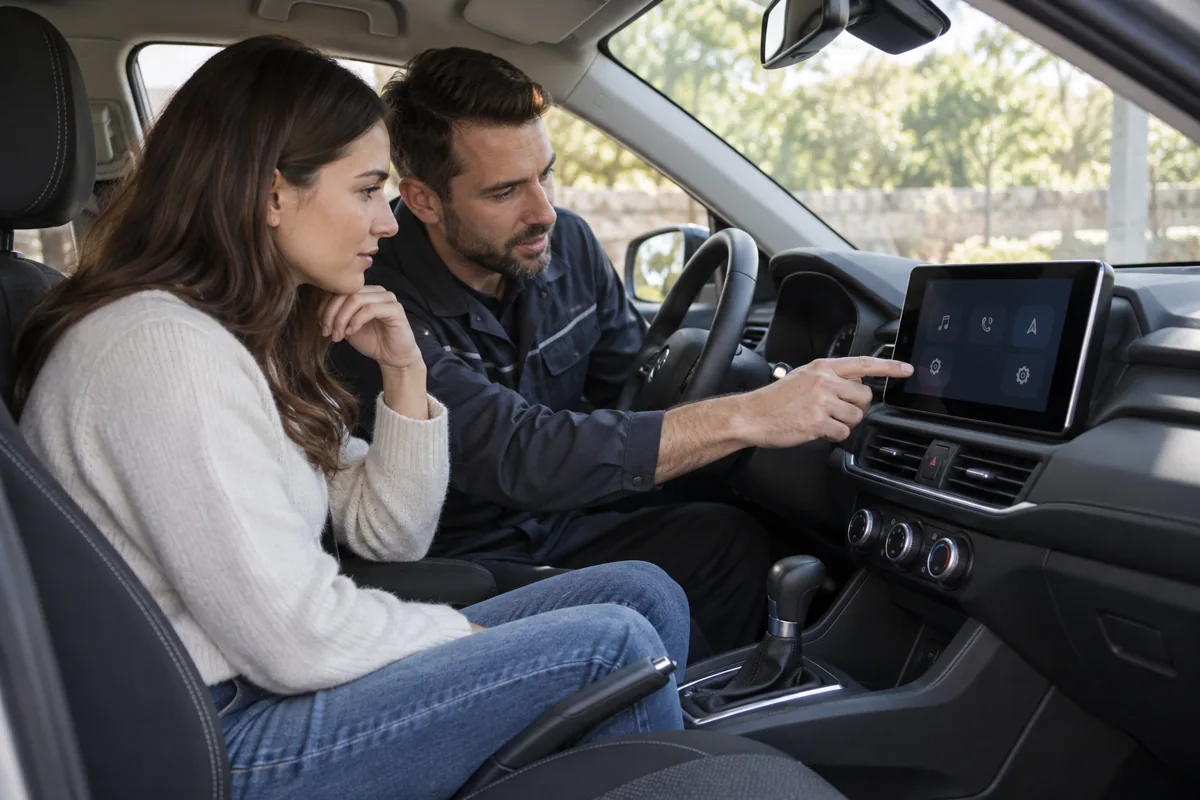 Propietario y técnico revisando un equipo multimedia fijo en un coche estacionado
