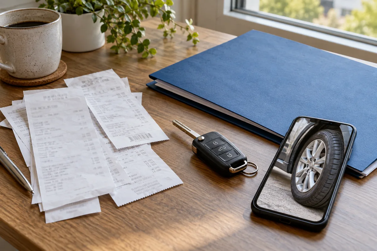Facturas de equipamiento y llaves preparadas para revisar el seguro