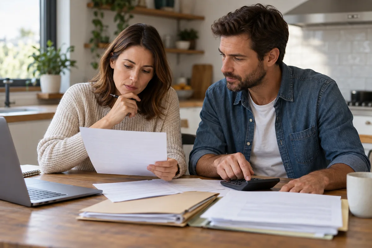 Pareja revisando documentos de préstamo y seguro con una calculadora