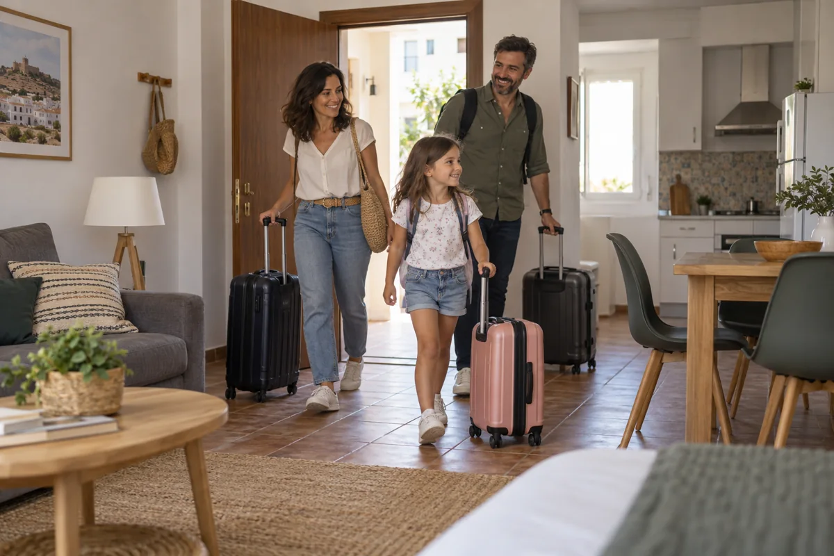 Familia llegando con maletas a un alojamiento provisional