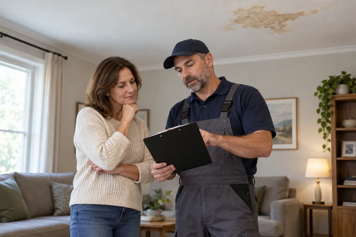 Propietario y profesional revisando daños localizados en una vivienda