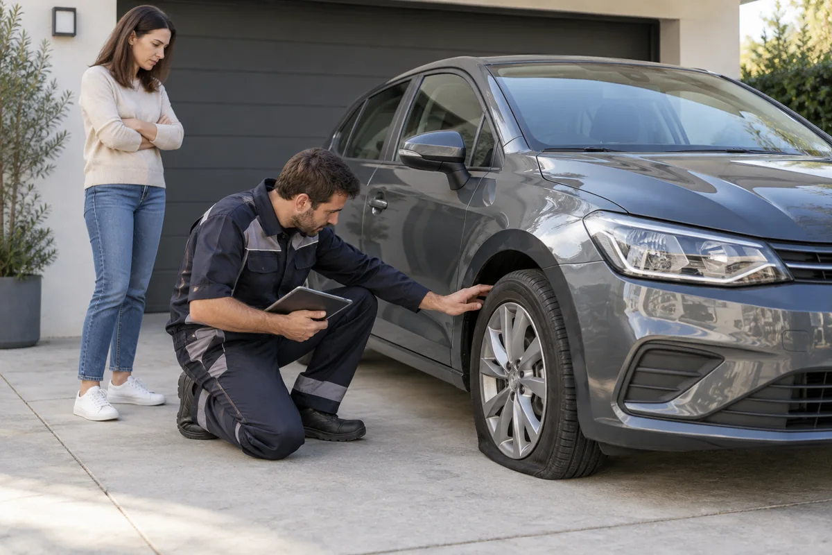Técnico revisando una rueda desinflada de un coche detenido en un lugar seguro