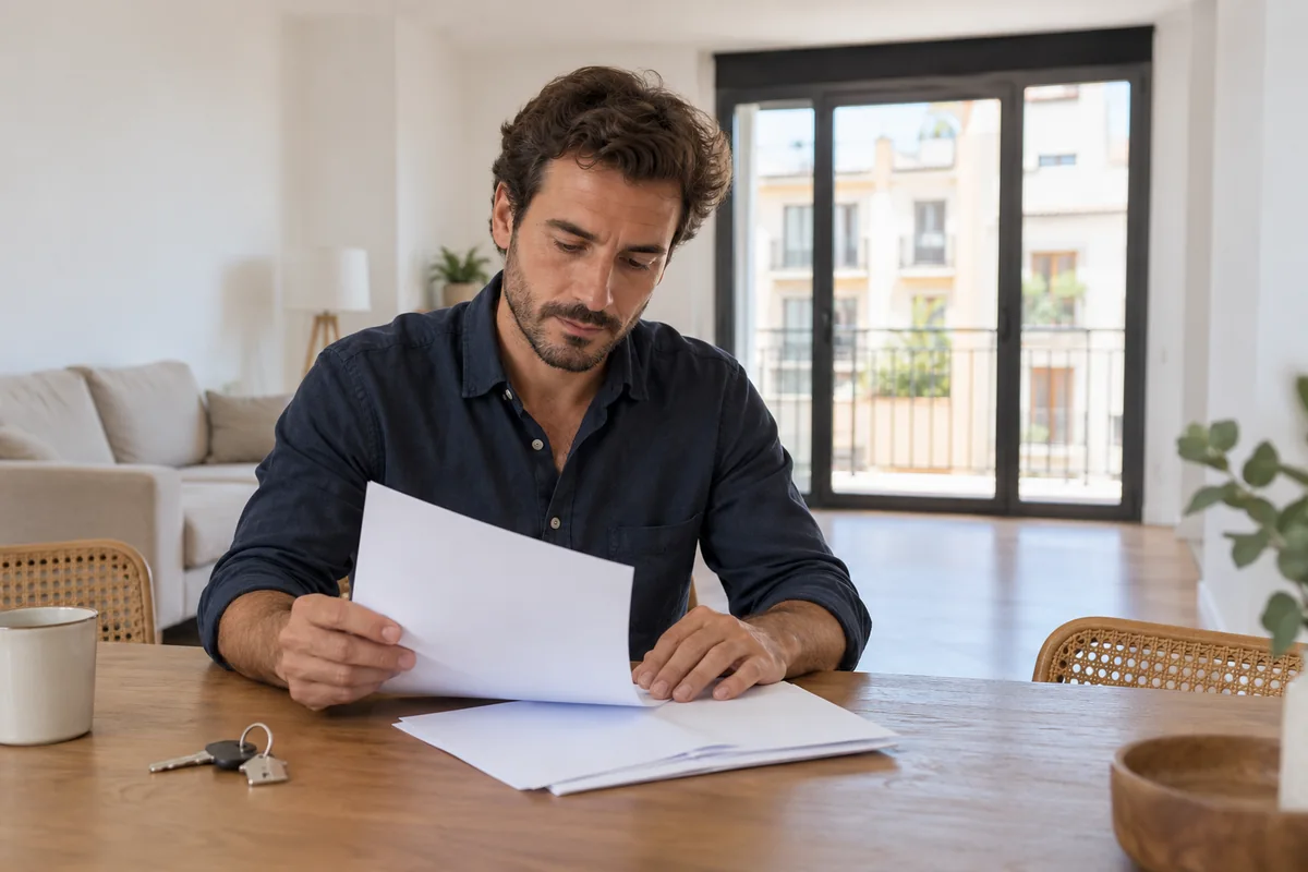 Persona revisando papeles en el salón de un piso