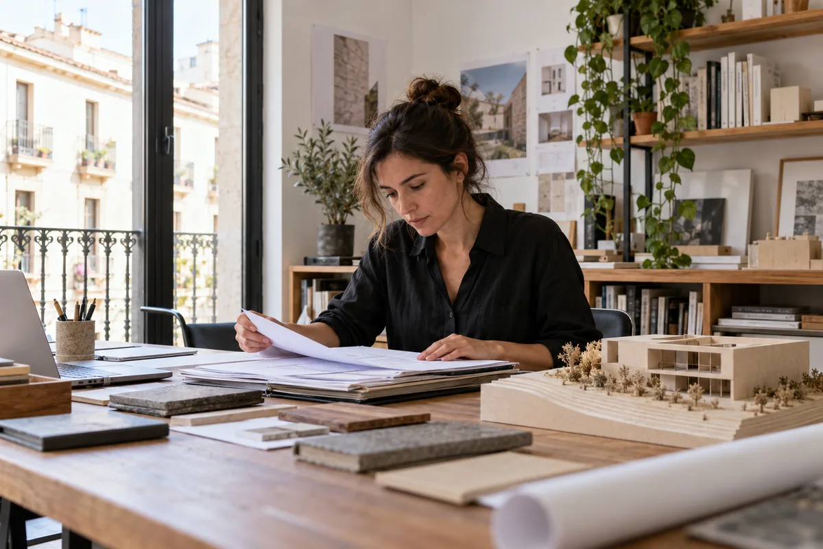 Arquitecta revisando carpetas junto a una maqueta en su estudio