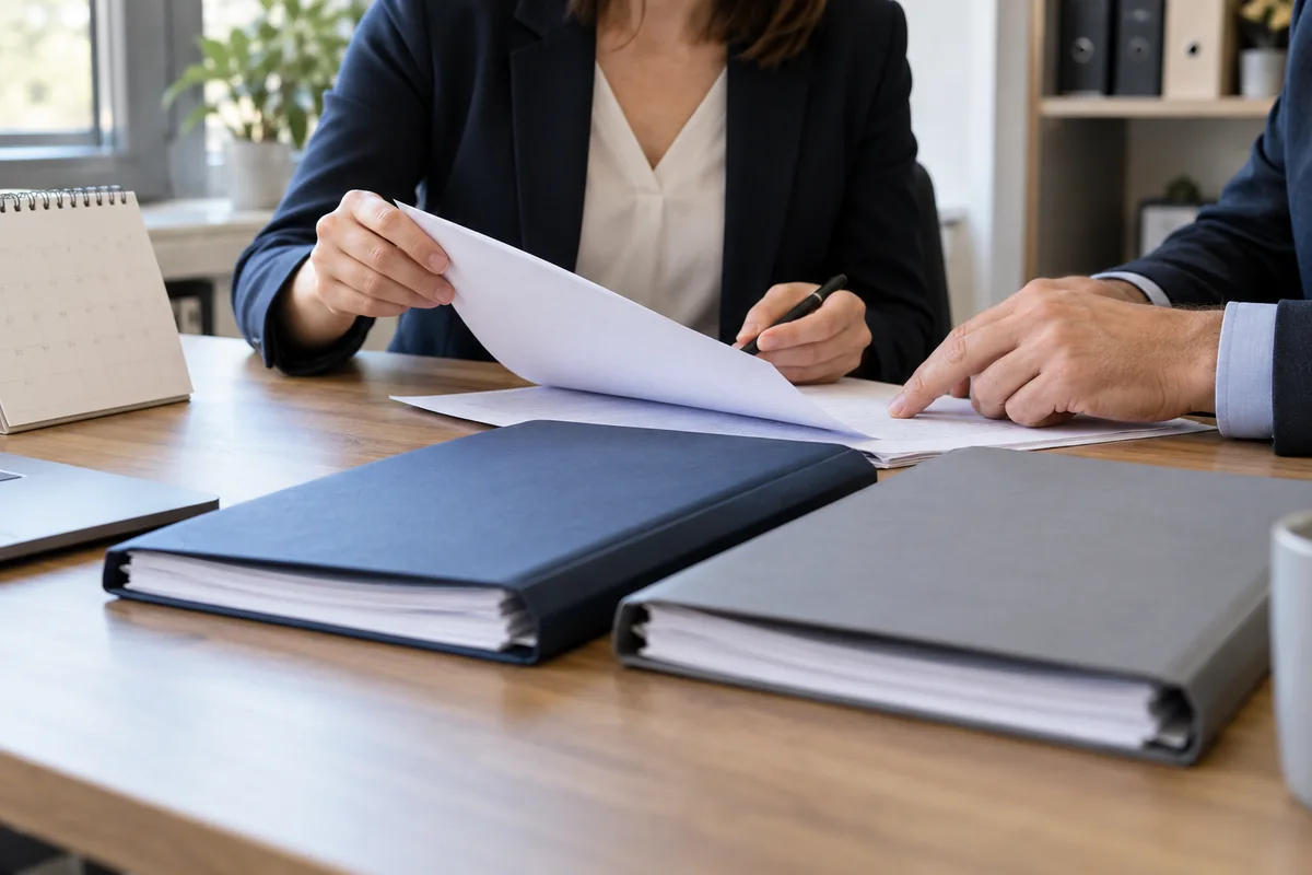 Manos comparando documentos junto a dos carpetas sobre una mesa