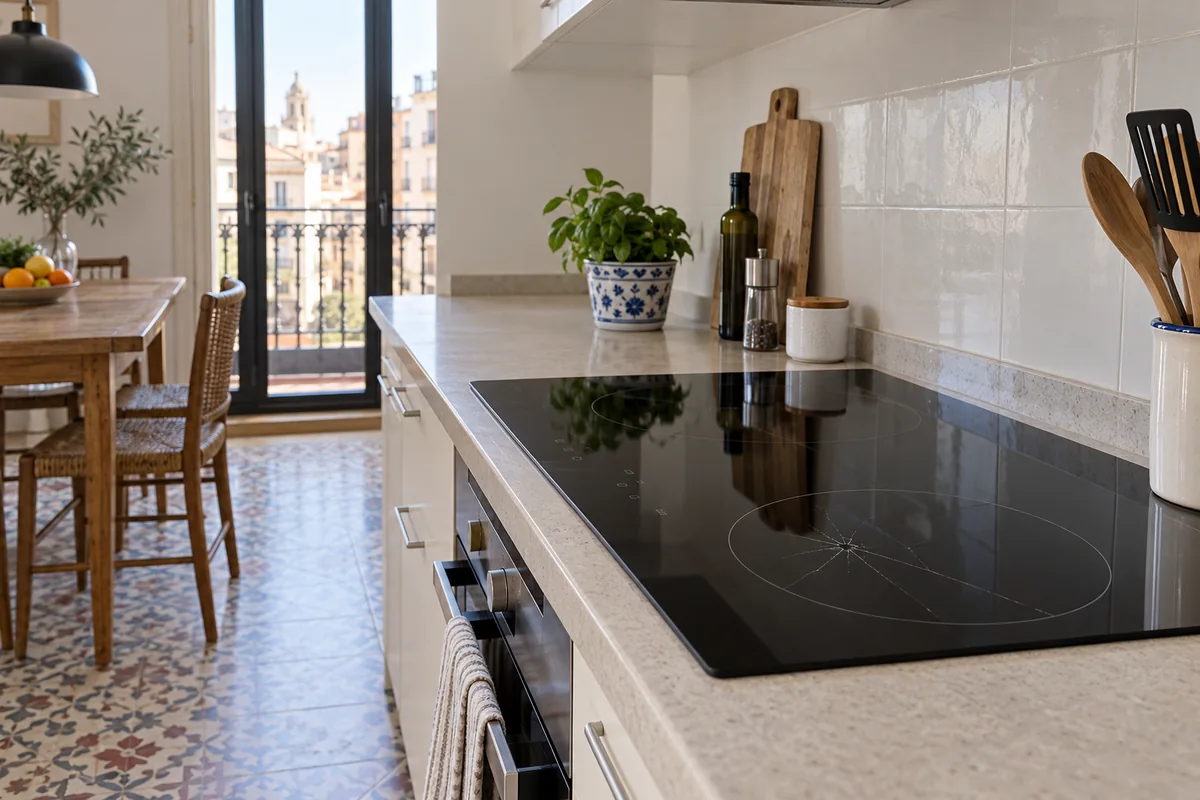 Placa de inducción apagada con una fractura visible en una cocina