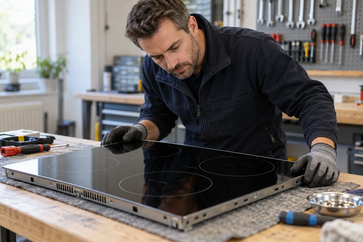 Técnico inspeccionando una placa de cocina desconectada en un taller