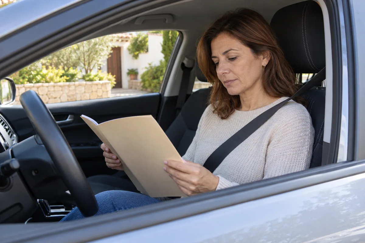 Conductora revisando una carpeta en un coche estacionado en una entrada privada