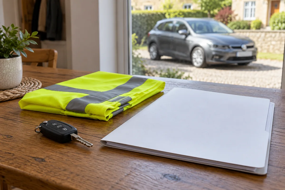 Llave de coche, chaleco reflectante y carpeta sobre una mesa