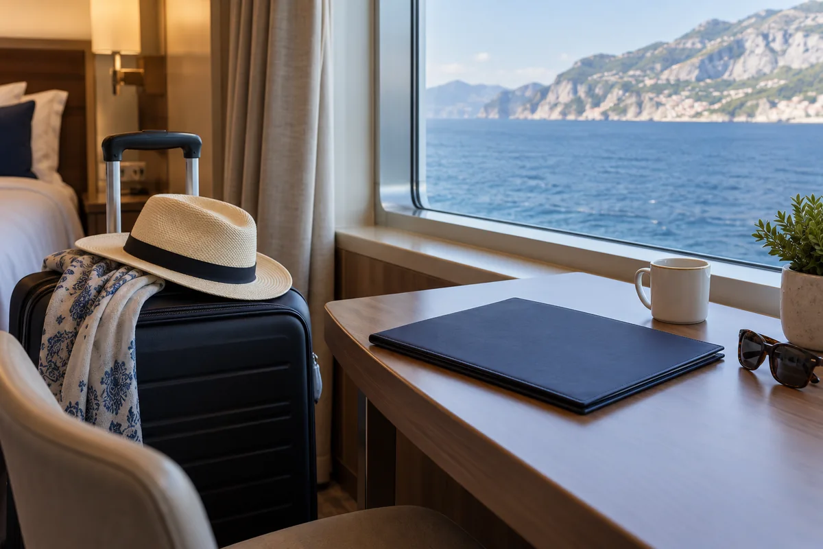 Maleta y carpeta sobre la mesa de un camarote con vistas al mar