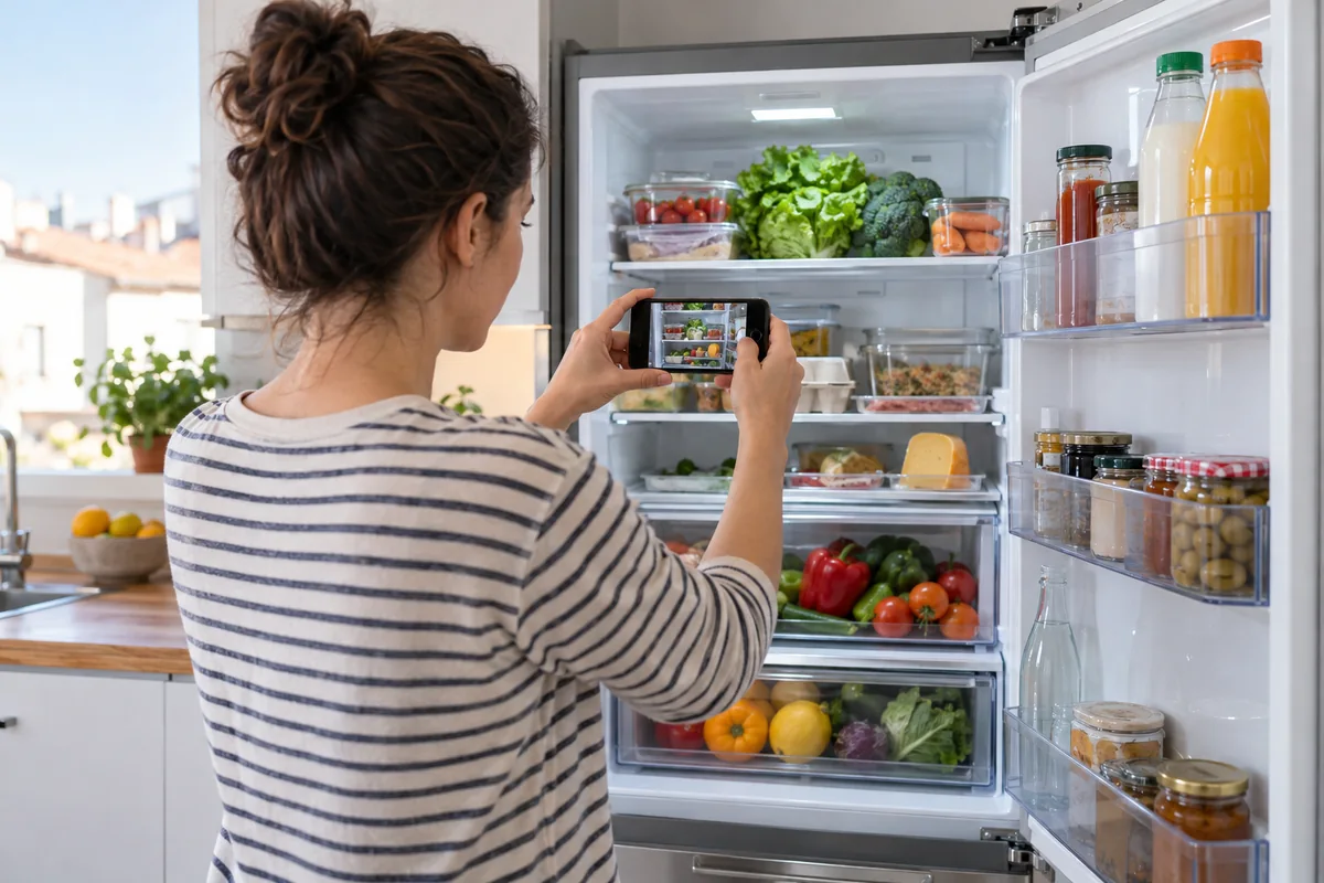 Persona fotografiando el interior de un frigorífico doméstico para un inventario