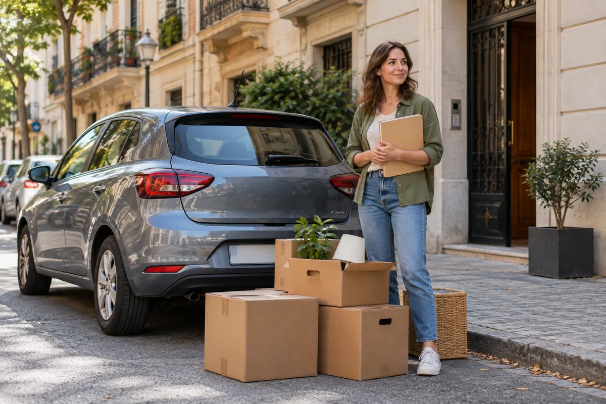 Persona junto a un coche estacionado y cajas de mudanza en una calle residencial