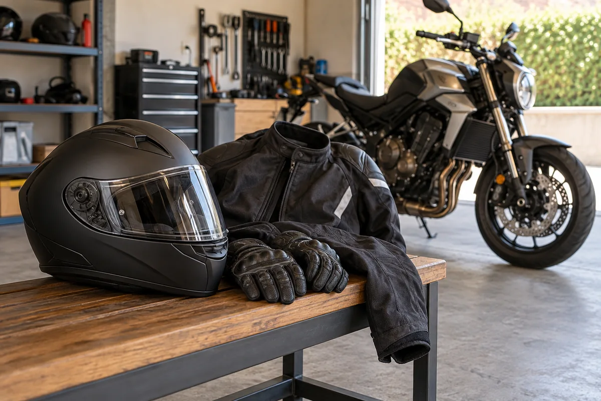 Casco, chaqueta y guantes junto a una moto estacionada en un garaje