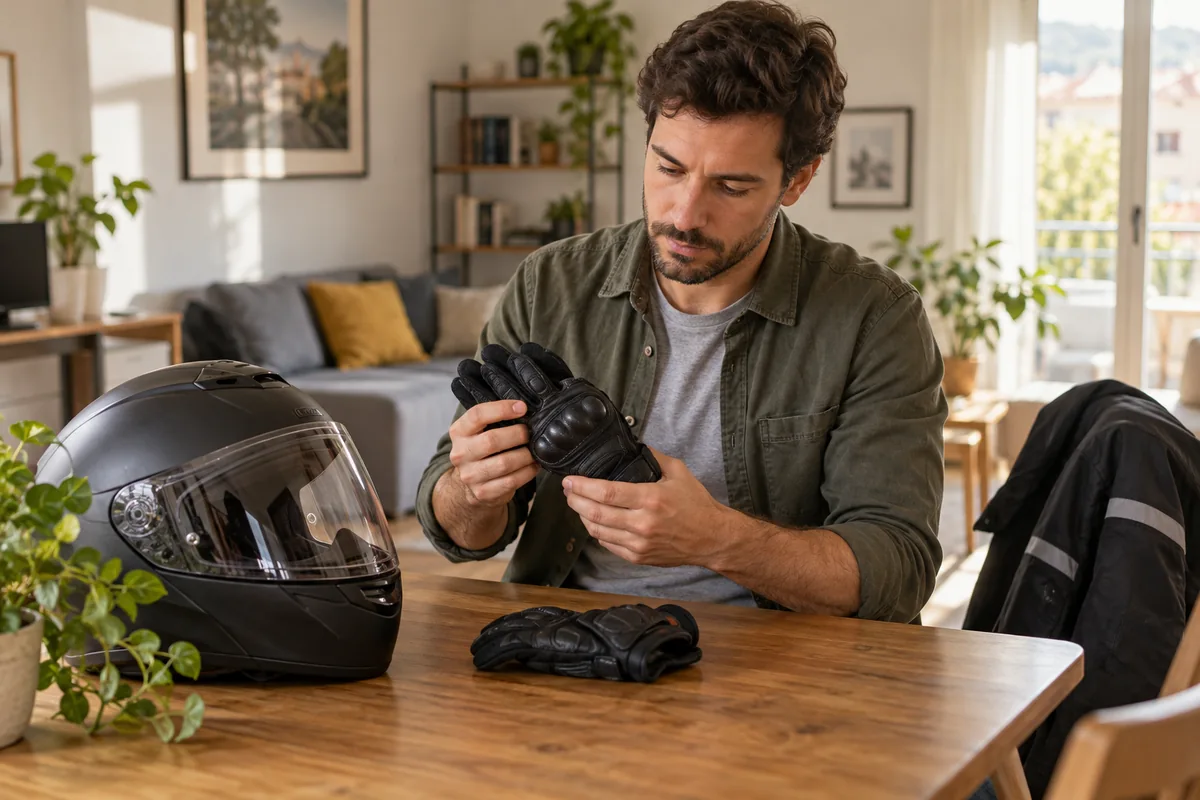 Persona revisando guantes y casco de moto sobre una mesa