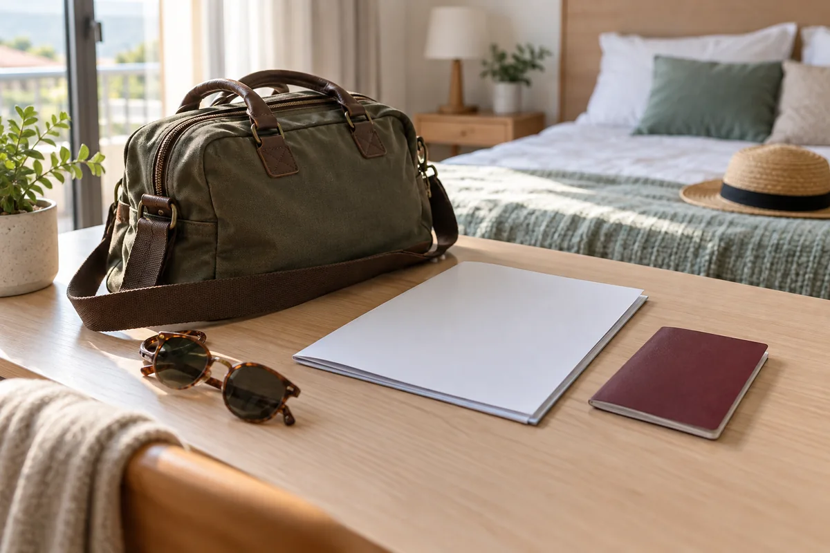 Bolsa de viaje y carpeta sobre una mesa de dormitorio
