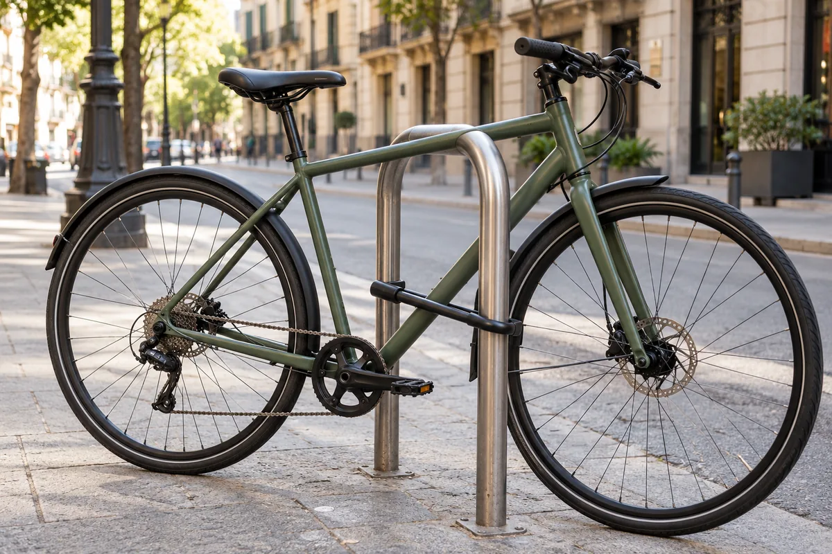 Bicicleta urbana sujeta por el cuadro a un aparcabicis fijo mediante un candado