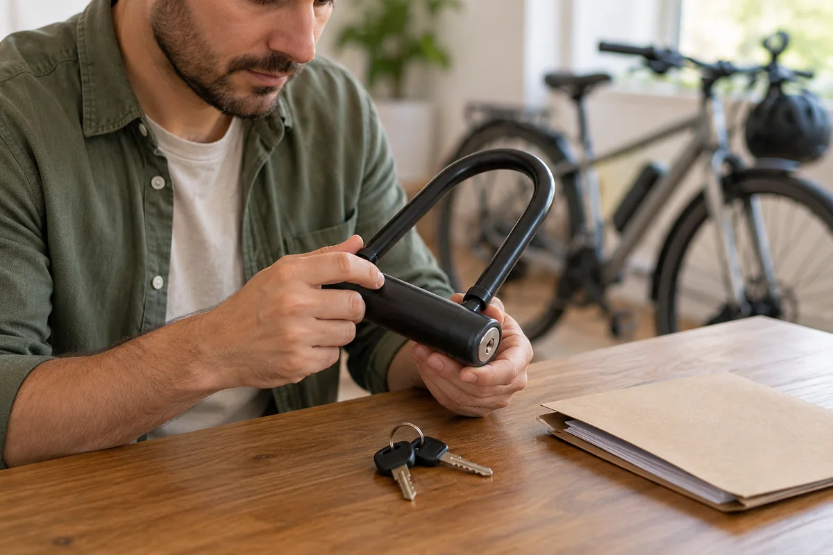 Persona comprobando un candado de bicicleta y sus llaves sobre una mesa