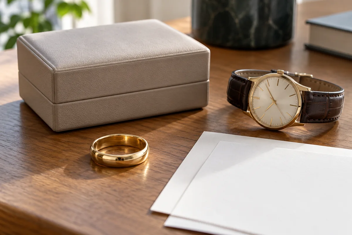 Anillo y reloj junto a documentos sin datos visibles y un estuche