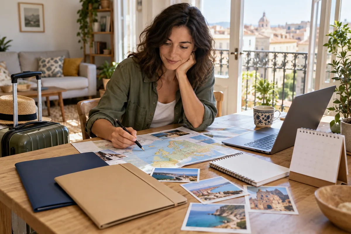 Persona planificando varios viajes junto a una maleta y carpetas en casa