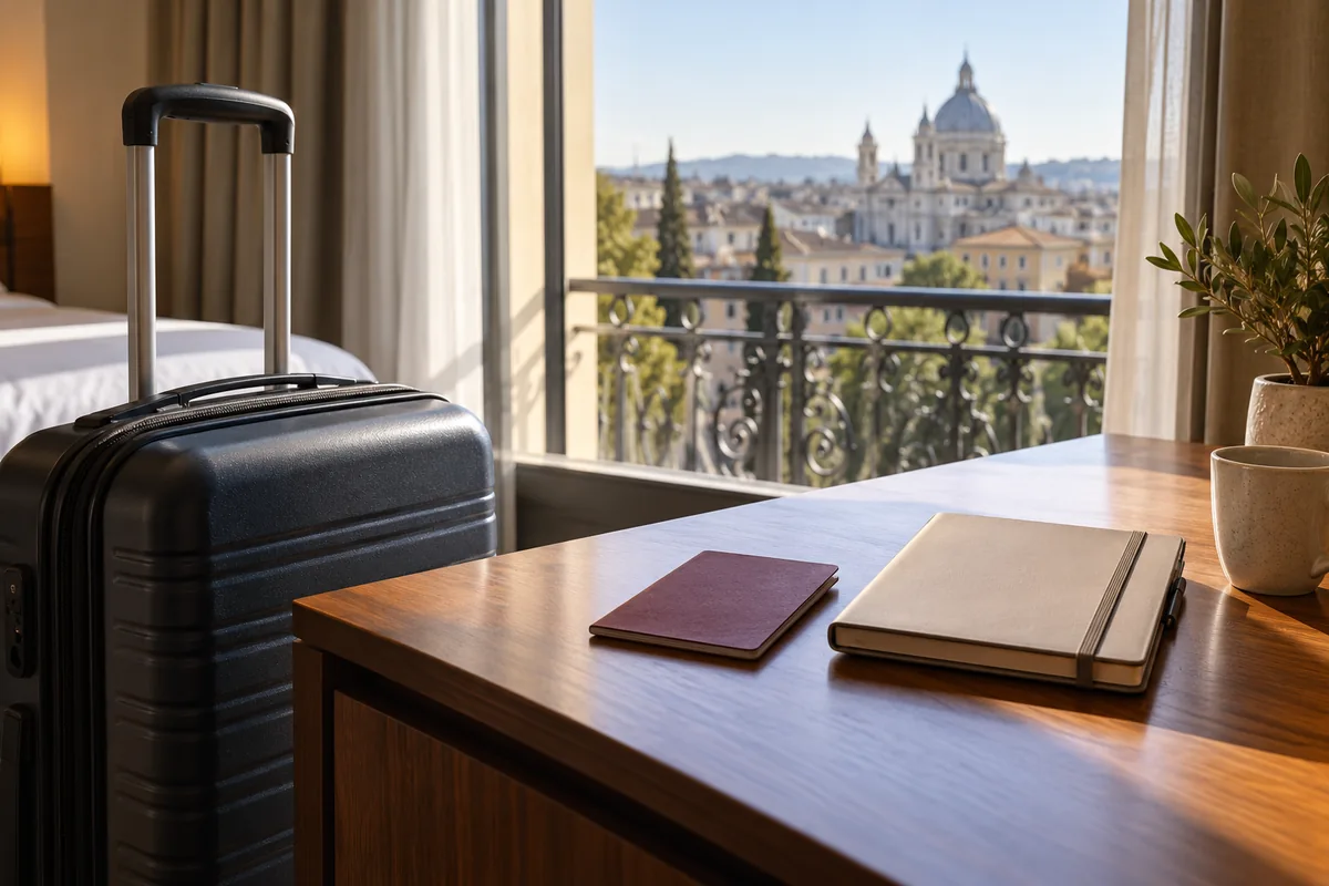 Maleta de cabina, pasaporte cerrado y agenda sobre una mesa de hotel