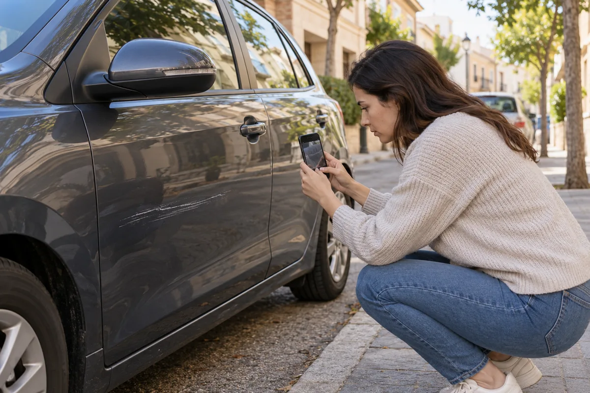 Persona fotografiando un arañazo en un coche estacionado en una calle residencial