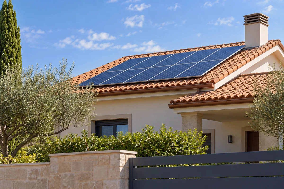 Paneles solares instalados en el tejado de una vivienda vistos desde el exterior