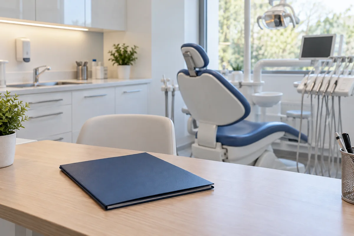 Consulta dental vacía con una carpeta cerrada sobre una mesa