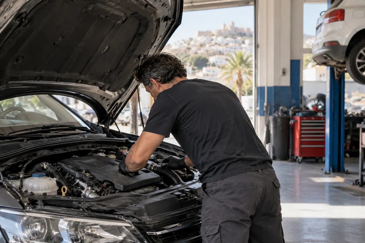 Profesional de taller revisando un motor