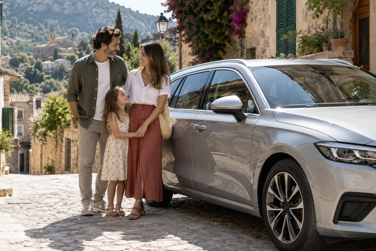 Familia junto a un coche estacionado