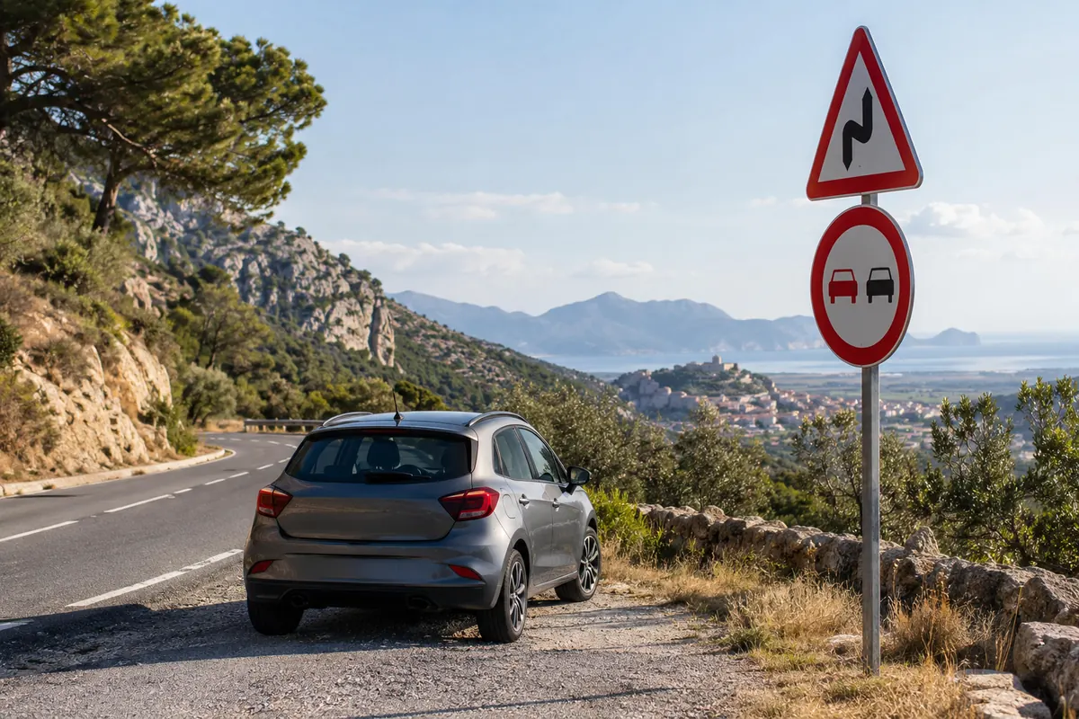 Coche junto a una carretera y señalización